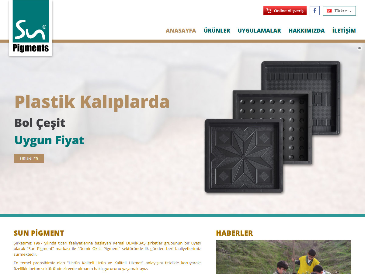 SunPigments: Türkiye ve tüm dünyaya demir oksit pigmentleri, beton plastik kalıpları ve benzeri inşaat araç ve gereçleri tedarik eden Sun Pirments web sitesi.Kullanılan teknolojiler: Asp.Net 4, jQuery